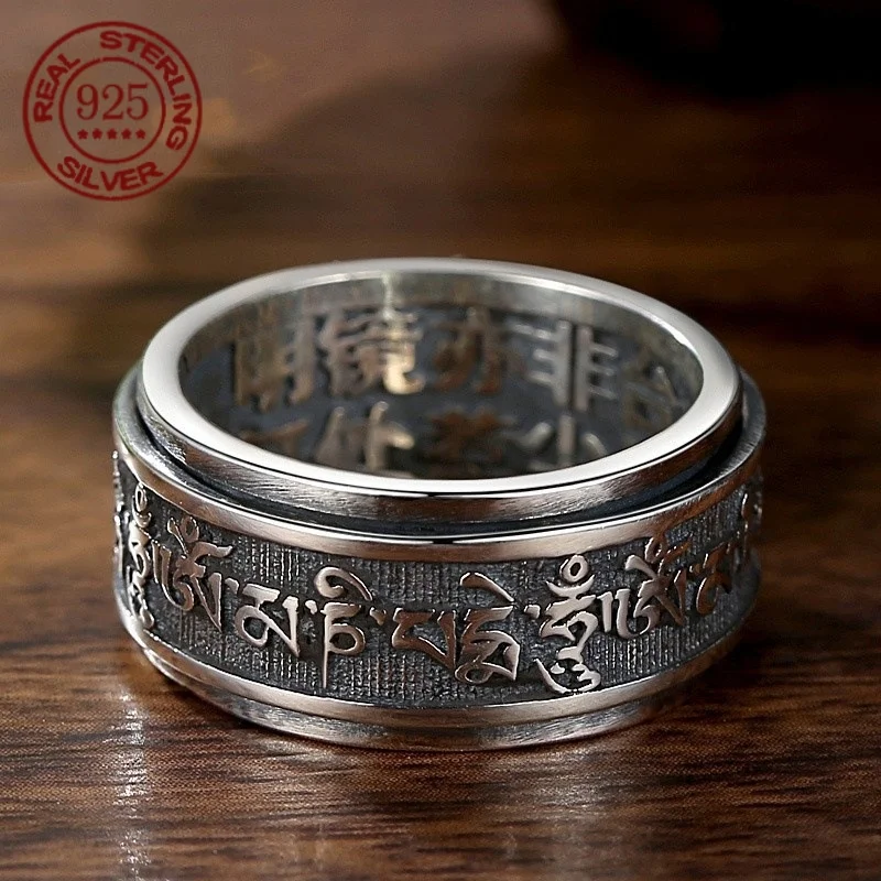 Real 925 Sterling Silver Vintage Rings For Men Rotatable Tibetan Six Words Mantra Rings Om Mani Padme Hum Buddhist Jewelry