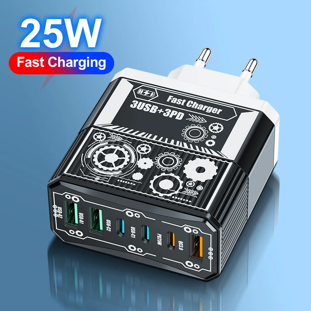 

Зарядное устройство 25 Вт, 3 USB + 3PD, 6 портов, быстрая зарядка QC3.0, настенный адаптер для мобильного телефона типа C для iPhone, Xiaomi, Samsung