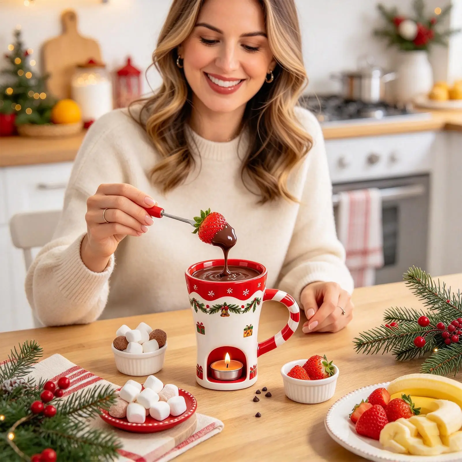 Christmas Ceramic Chocolate Fondue Cup Candy Cane Handle Dessert Melting Mug With Dipping Fork Holiday Party Table Decor