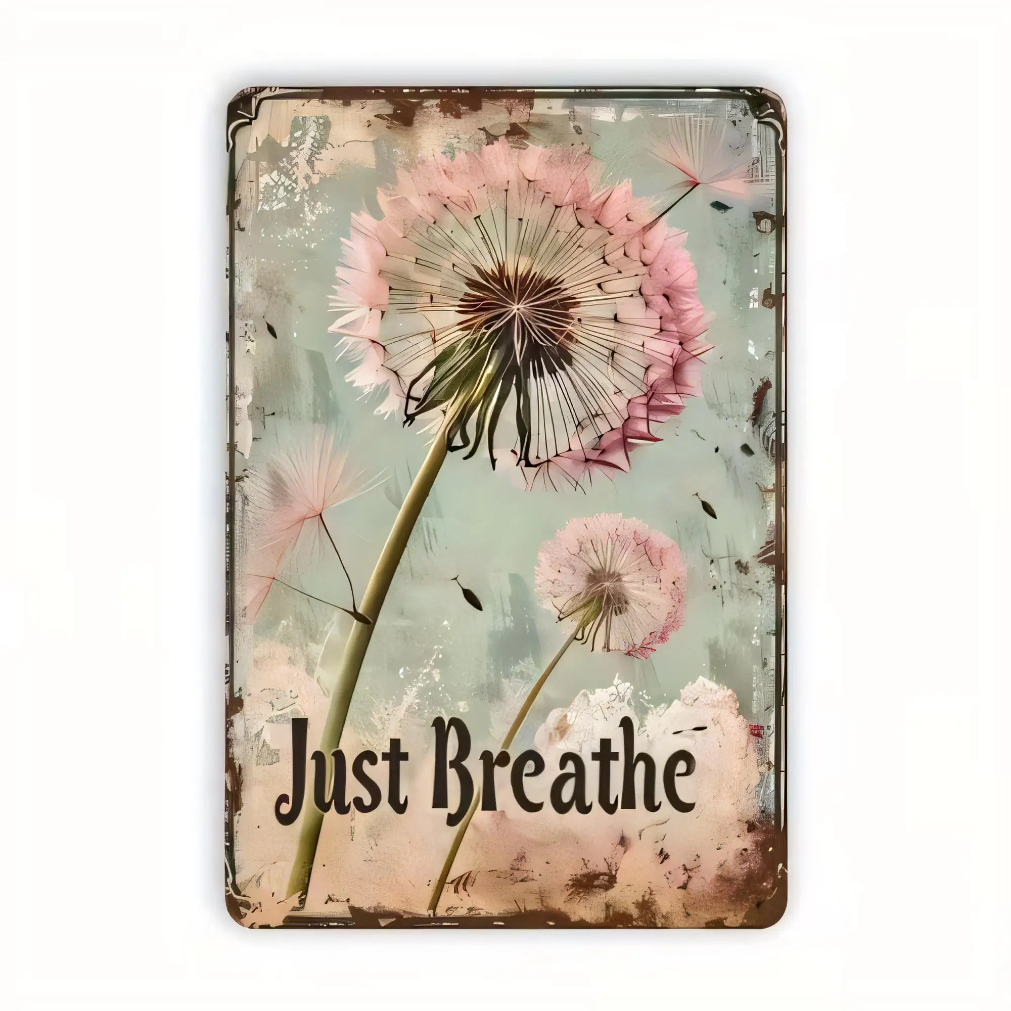 Tin Sign Just Breathe Floral Dandelion Flower Quote Vintage Retro Wall Decor Metal Plaque for Bedroom Living Room Home Office Ca