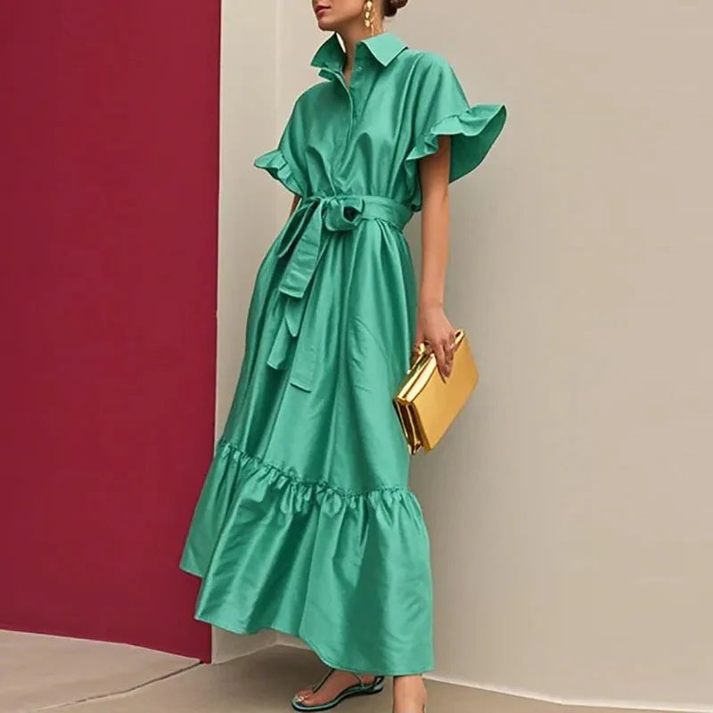 Sukienka koszulowa z kołnierzykiem, wiązana, w stylu casual, modna, z temperamentem, jednolita, z wysokim stanem, z falbanką w kształcie liścia lotosu, z krótkim rękawem, letnia.