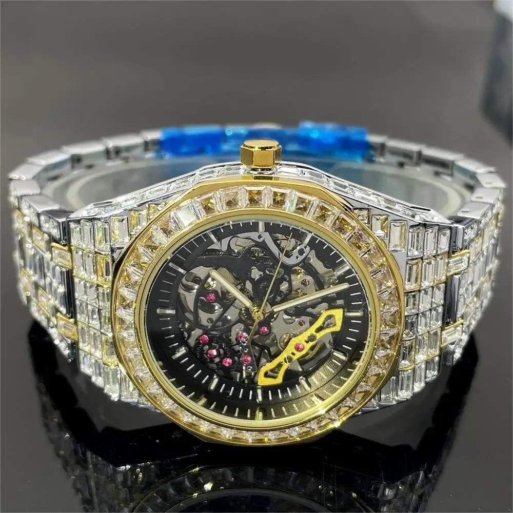 Fashion Brand MISSFOX Gold Sliver Hollow Automatic Men Watch Iced Out Diamond Mechanical Wristwatch Luxury Waterproof Male Clock