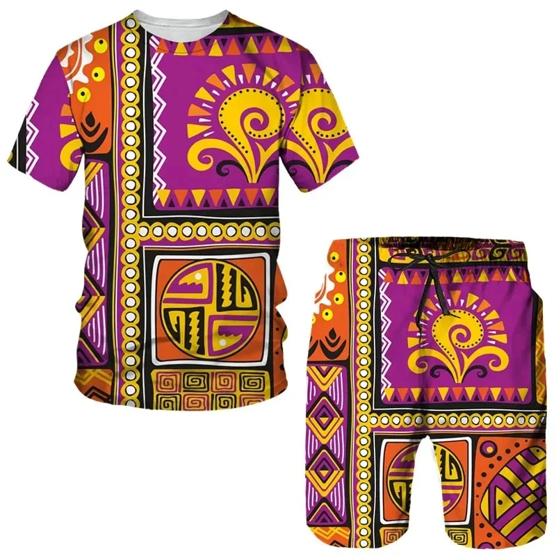 Men Women Sports Suit 3D African Print T-Shirt Shorts Short Sleeve Ethnic Style Fashion Hip Hop Streetwear Summer 2024