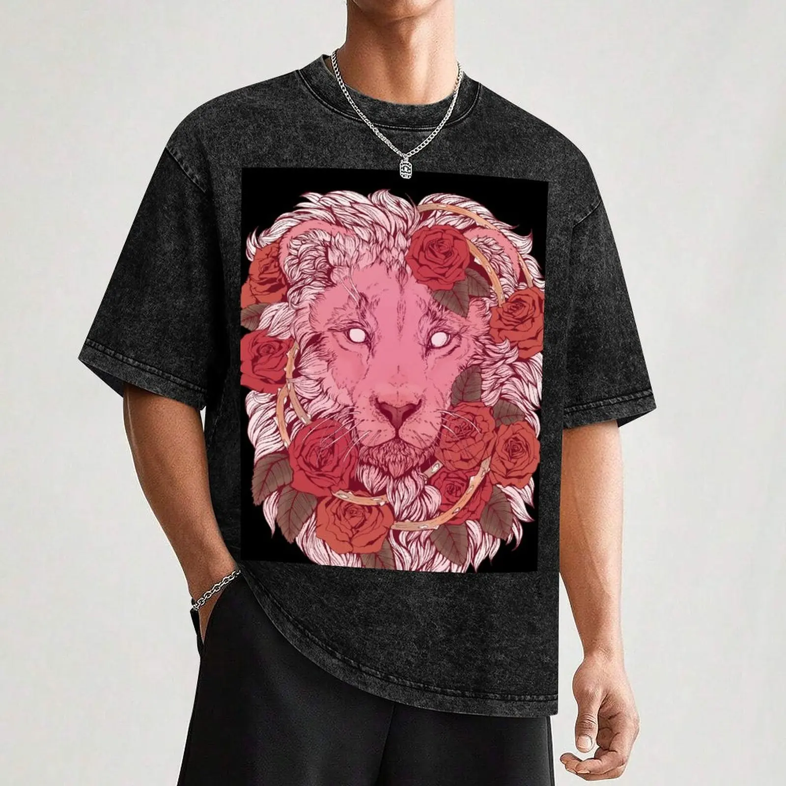 Lion of Roses T-Shirt Modern Print Casual T-Shirt