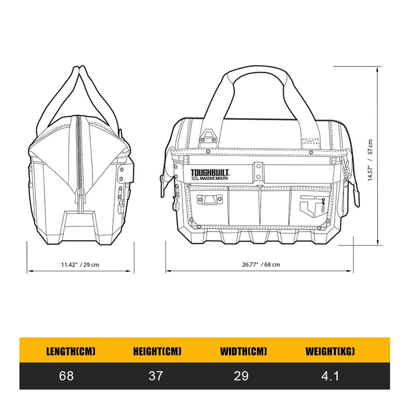 TOUGHBUILT TB-CT-62-12/TB-CT-62-16A/TB-CT-62-20 Medium/Large/X-Large Massive Mouth Bag Handheld Toolkit Waterproof Hardsole