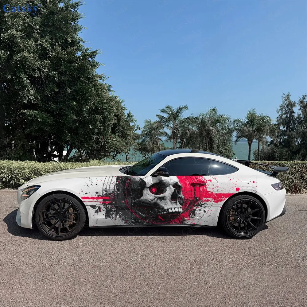 2pcs Black & Red Splatter Skull Car Side Wraps, Self-Adhesive PVC Waterproof & Scratch-Resistant Stickers, Car Accessory Gift