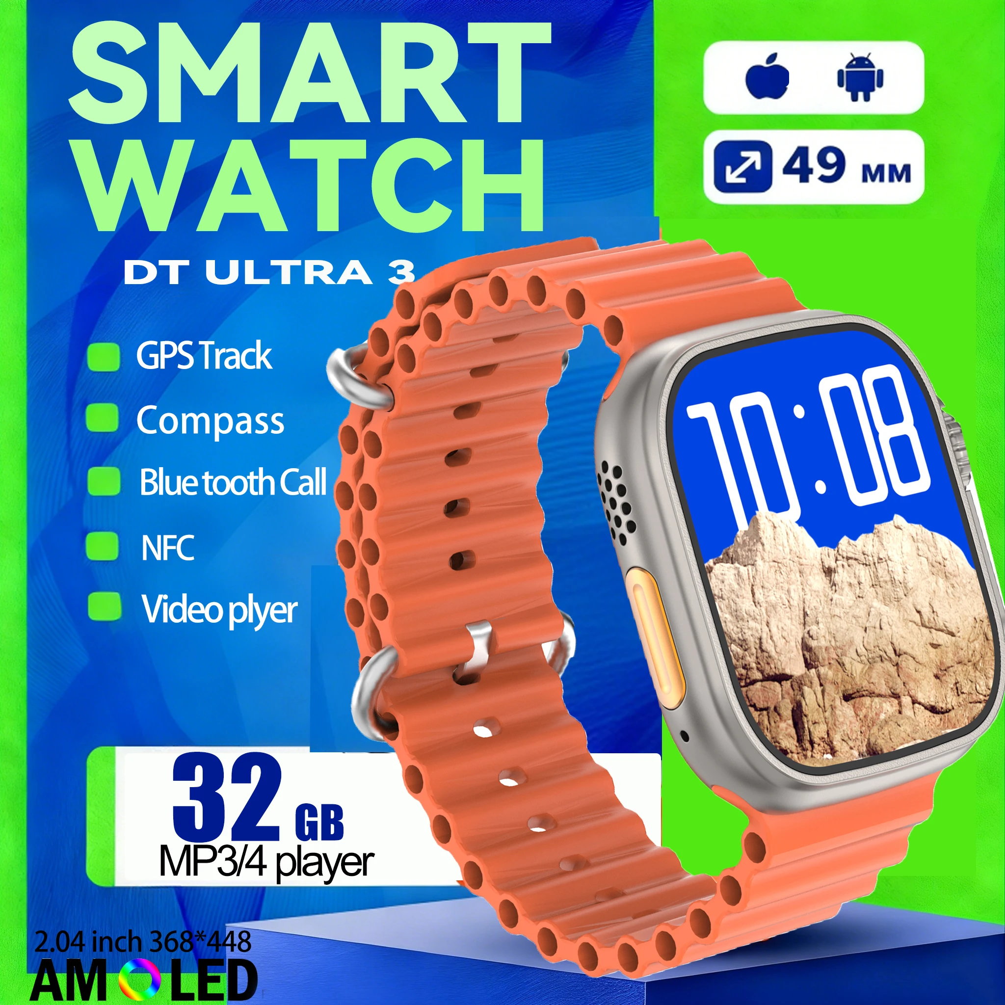 

Мужские умные часы IOS DT Ultra 3 — высококачественные деловые часы с большим альбомом памяти 32G, спортивный фитнес-трекер, водонепроницаемый