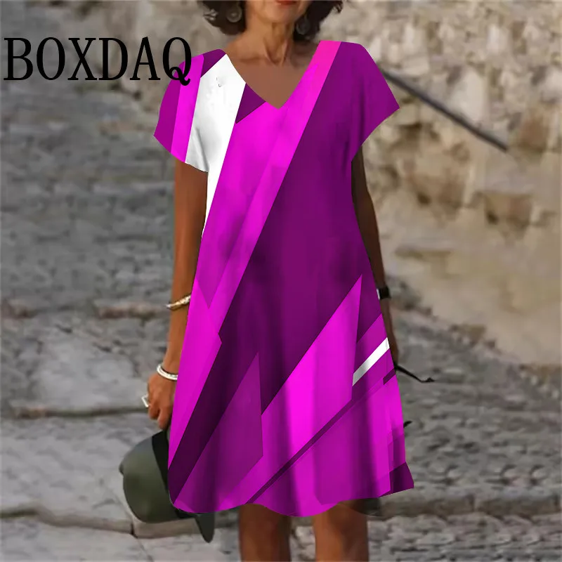 Casual Simple Geometric Pattern Women'S Dress Summer V-Neck Short Sleeve Loose Retro 3D Print Clothing Fashion Plus Size Dresses