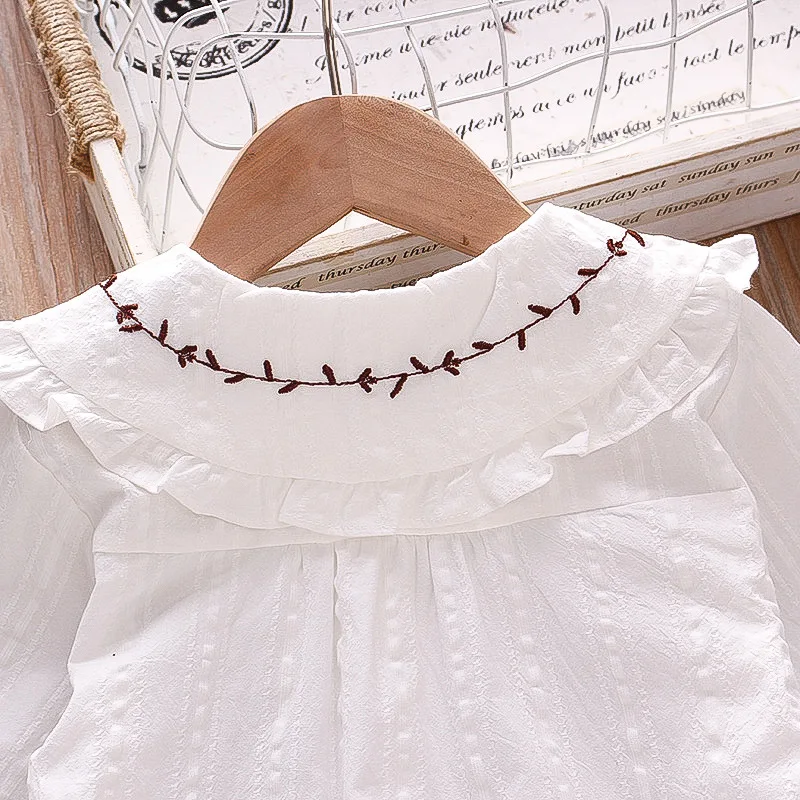 Girls Long Sleeve Shirt Big Lapel Ruffle Embroidered Shirt