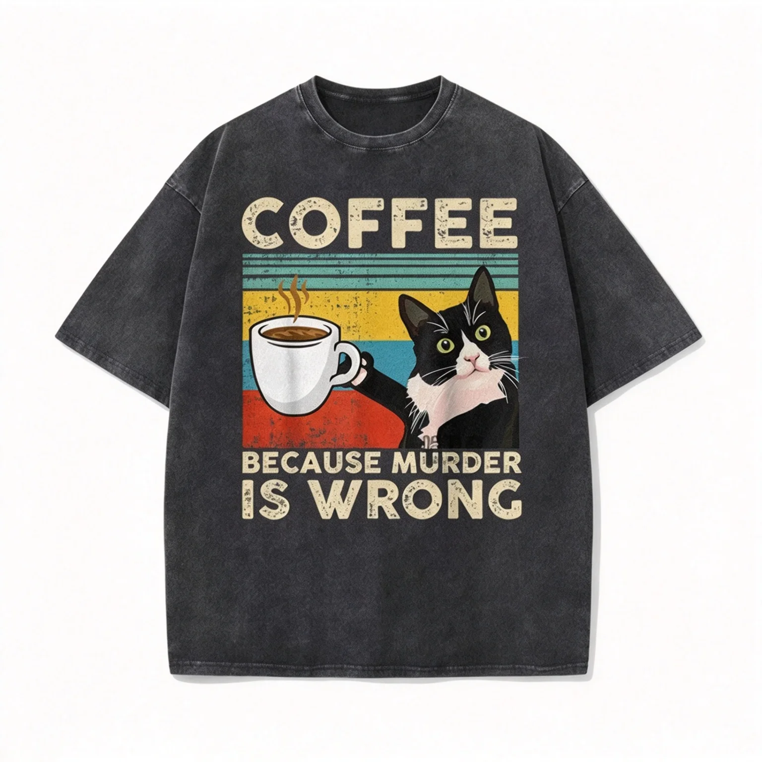 Short-sleeved T-shirt, Cross-border Washed Distressed European and American Style, Cartoon Cat, Harajuku Style Retro Pure