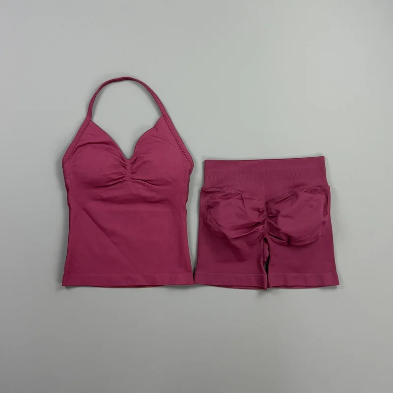 2-teiliges HISTELLO Impact Set für Damen, GYM Longline Strappy Top, nahtloses Yoga-Set, Scrunch Butt Sportshorts, Workout-Fitness-Anzug – Detail 17