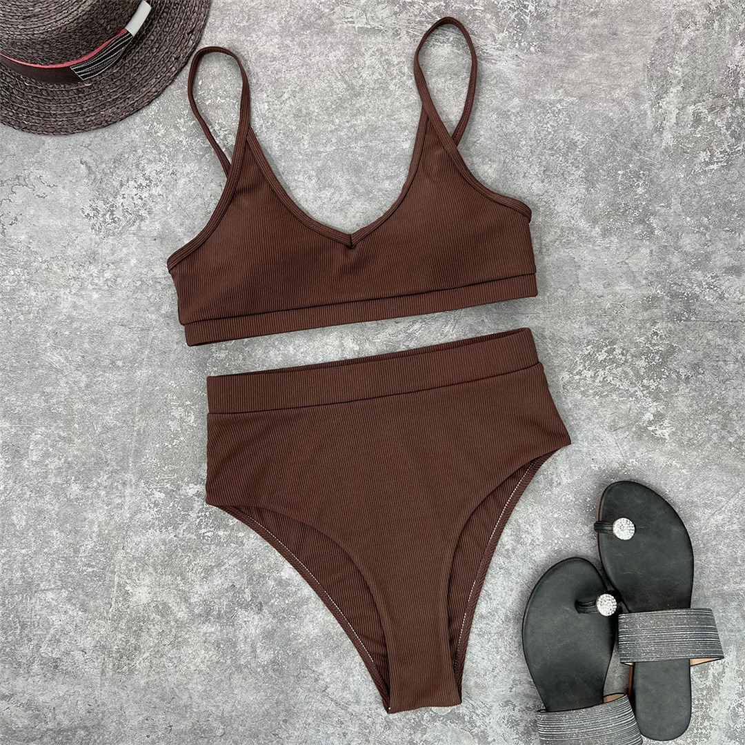 Neuer, gerippter, gepolsterter Bikini mit hoher Taille in 4 Farben, Damen-Badeanzug, zweiteiliges Bikini-Set, Badebekleidung, Badeanzug, Modell V3768. – Detail 20