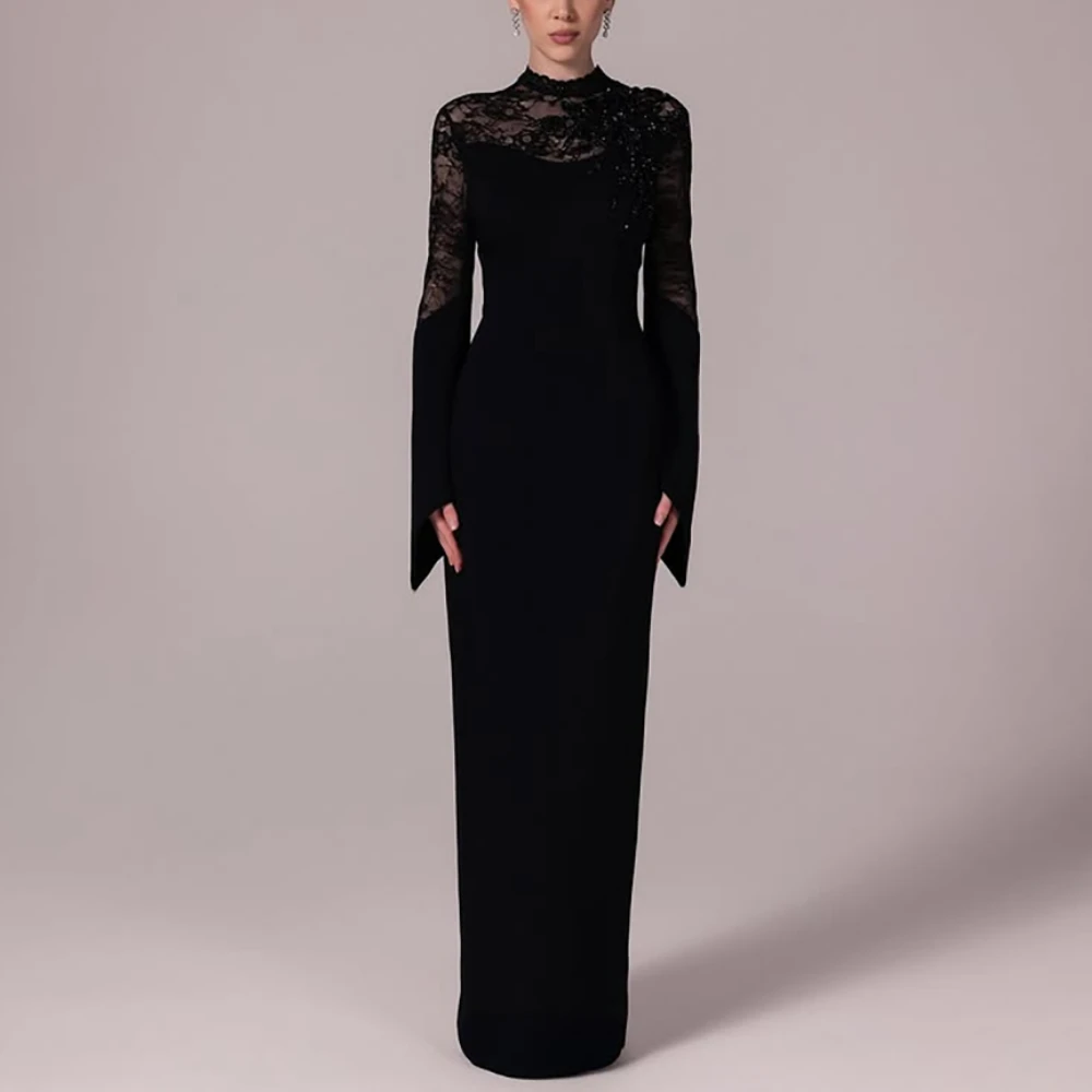 

Скромные вечерние платья с длинными рукавами и высоким воротом, черные вечерние платья для женщин, 2025 г., прямое свадебное платье по индивидуальному заказу