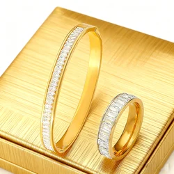 316L Stainless Steel Adjustable Bangle & Band Ring With Sparkling Baguette Crystals, Polished Women's Accessory For Daily Wear
