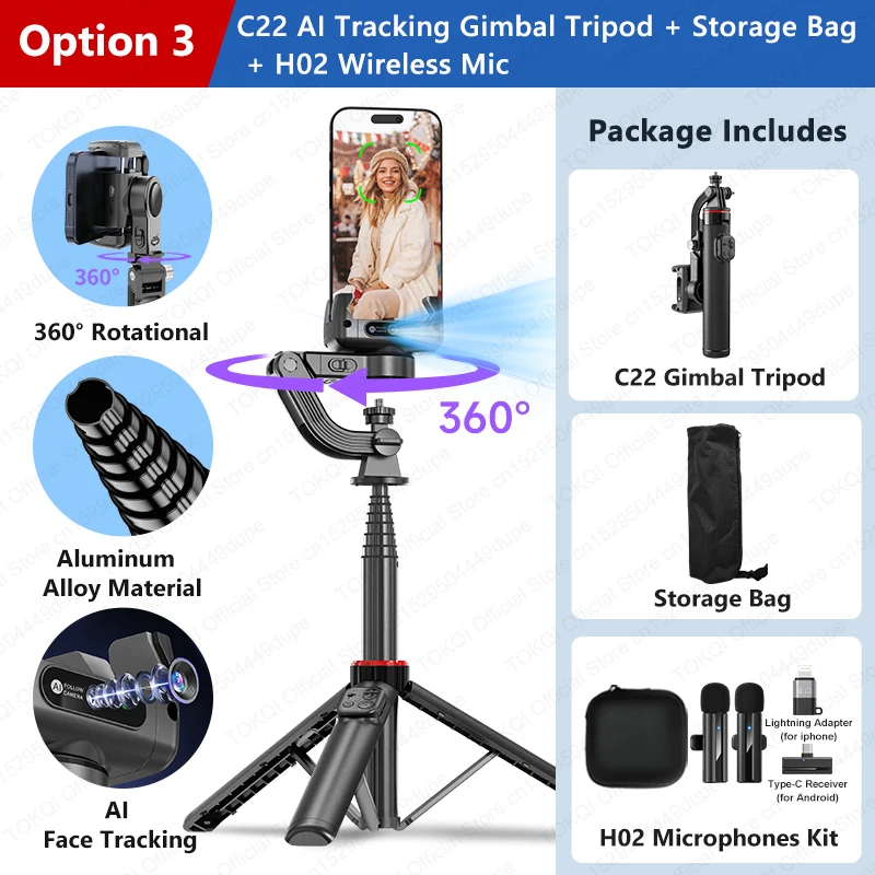 C22 AI Face Tracking Handheld Gimbal-stabilisator 360 °   Rotation Shoot Selfie Stick-statief voor mobiele telefoon, 1/4 '' schroef voor camera