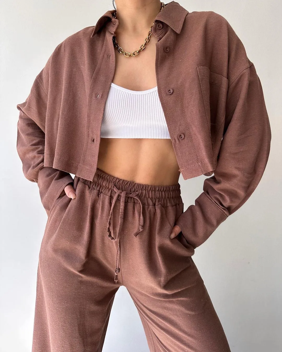 Autumn Casual Sports Women Suit 2024 New Solid Color Long-Sleeved Short Shirt Drawstring Pants 2 Pieces Sets Tracksuit Outfit