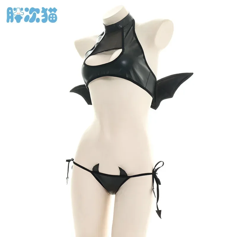 Japanese Womens Devil Cosplay Costumes Sexy Hollow Out Tank with Wings Punk Lolita Anime Bikini Set Wholesale E