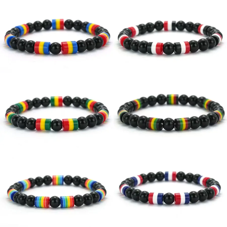 National Style Flag Color Stone Bracelet Men Women Colourful Resin Black Obsidian Beaded Wrap Braslet Leisure Couple Hand Joias