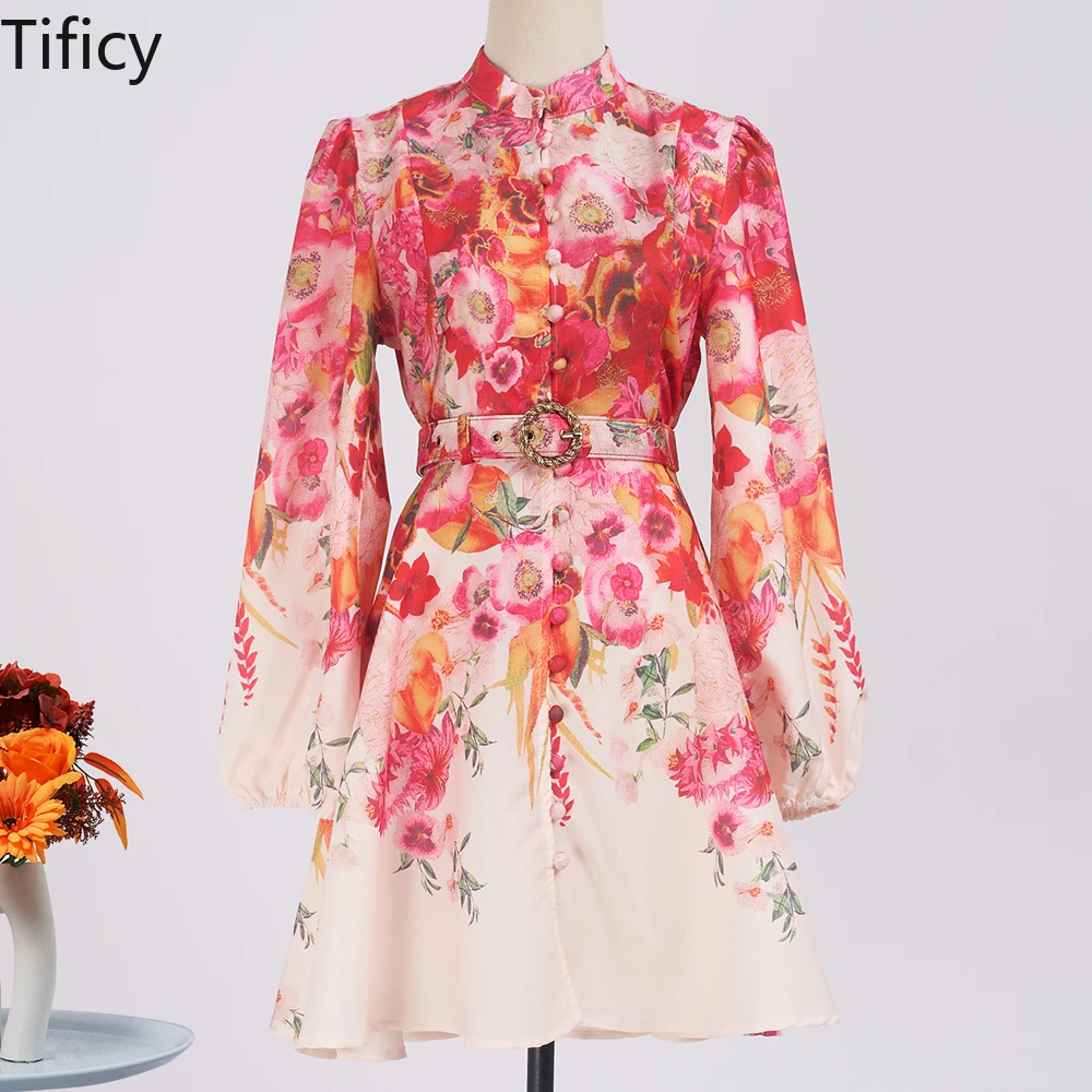 

Женское однобортное платье-качели с поясом и рукавами-фонариками