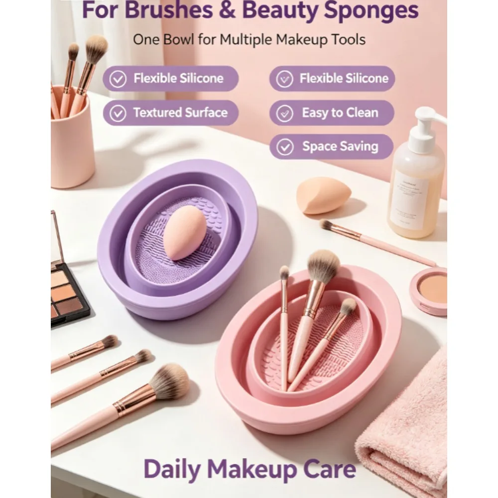 Makeup Brush Cleaning Tool,1pcs Silicone Brush Cleaner Pad Foldable Portable Cleaning Bowl For Makeup Brushes - view 3