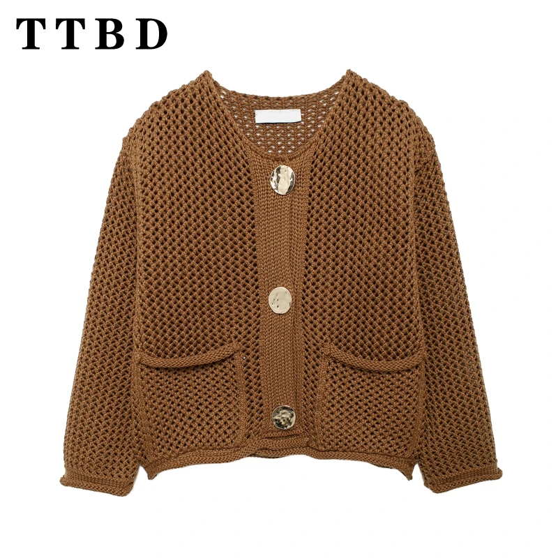 TTBD 2024 New Fall Female Vintage Solid Cardigan Women Chic Round Neck Long Sleeve Sweater Jacket Casual Knit Coat Fashion Top