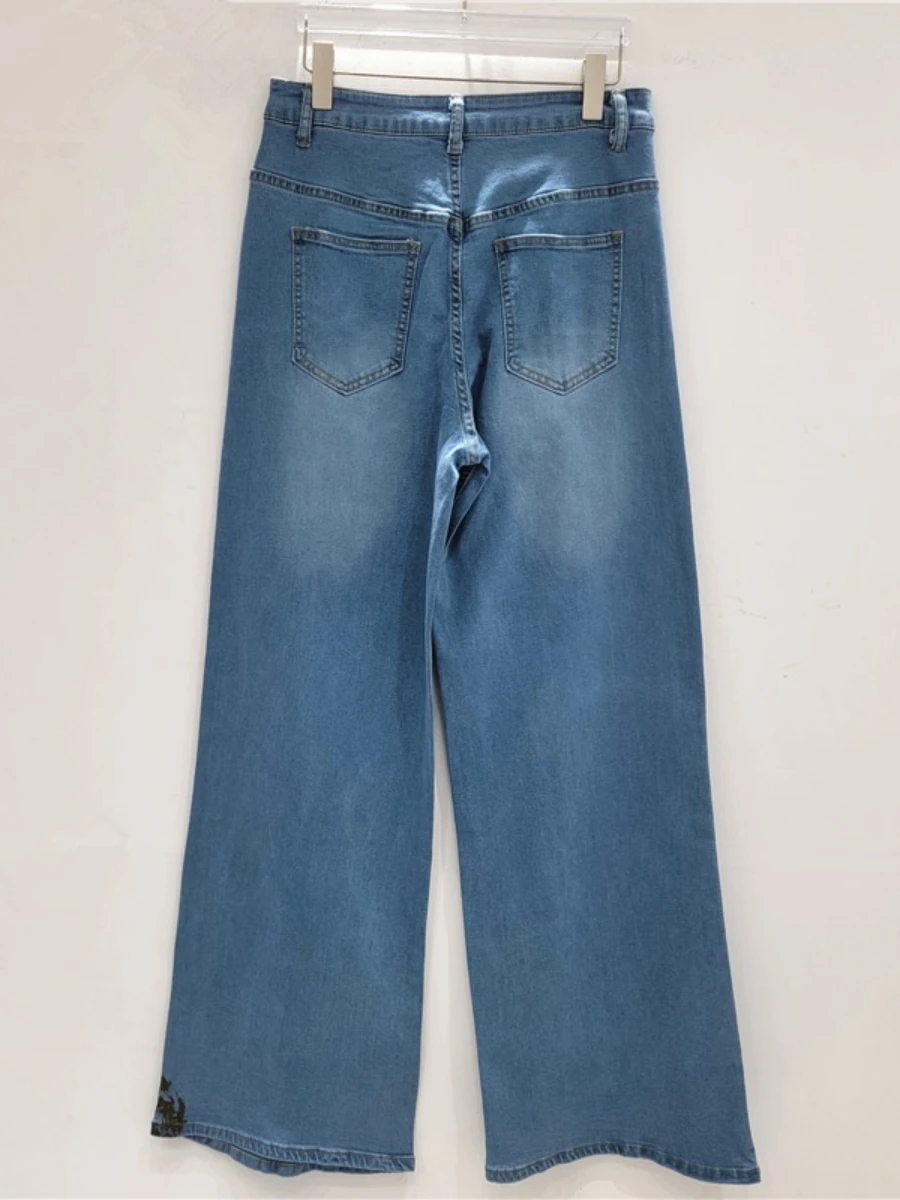 GALCAUR Blue Spliced Diamonds Chic Trousers Female High Waist Loose Streetwear Sweet Women's Straight Pants Autumn Fashion New