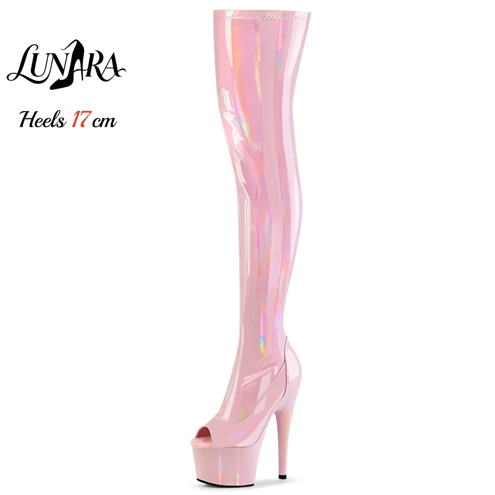 Botas de plataforma con punta abierta de 17 cm/7 pulgadas, de charol holográfico rosa, estilo stilettos, por encima de la rodilla, para bailarinas de striptease, discoteca, baile en barra, fiesta.