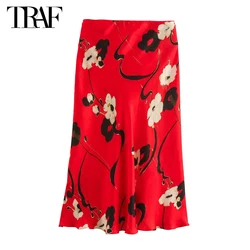 TRAF 2024 Red Floral Midi Skirt Women High Waist Long Skirt Woman Satin Summer Beach Women's Skirt Draped Party Skirts for Women