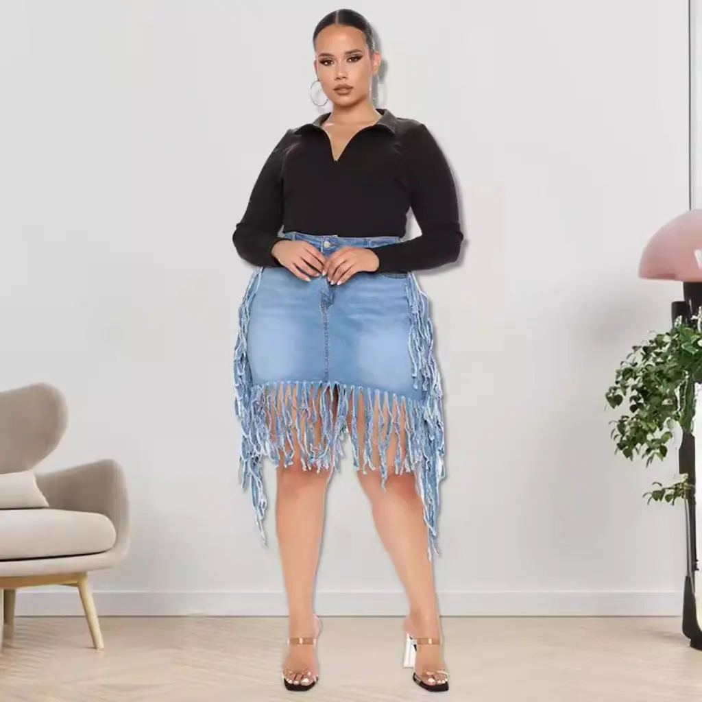 

Женская джинсовая юбка большого размера, весенняя новая мода с кисточками в европейском и американском стиле, большие размеры