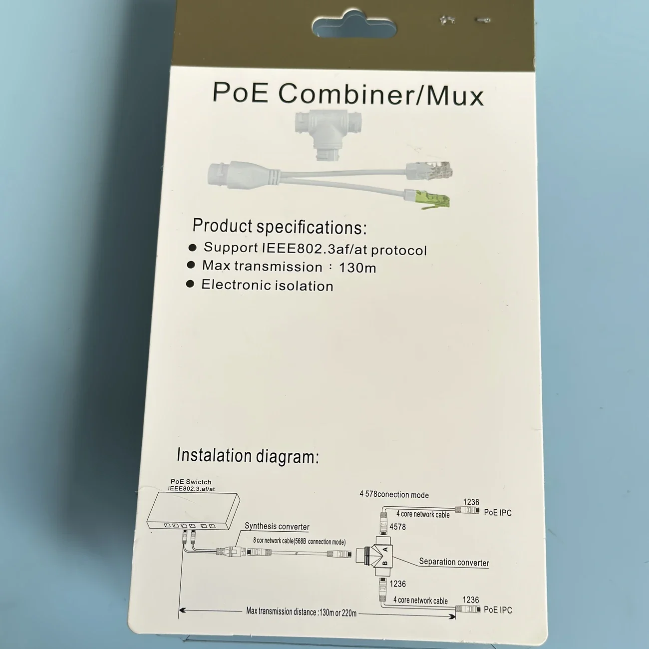 POE Splitter 2-in-1 Network Cabling Connector Three-way RJ45 Connector for Security Camera install