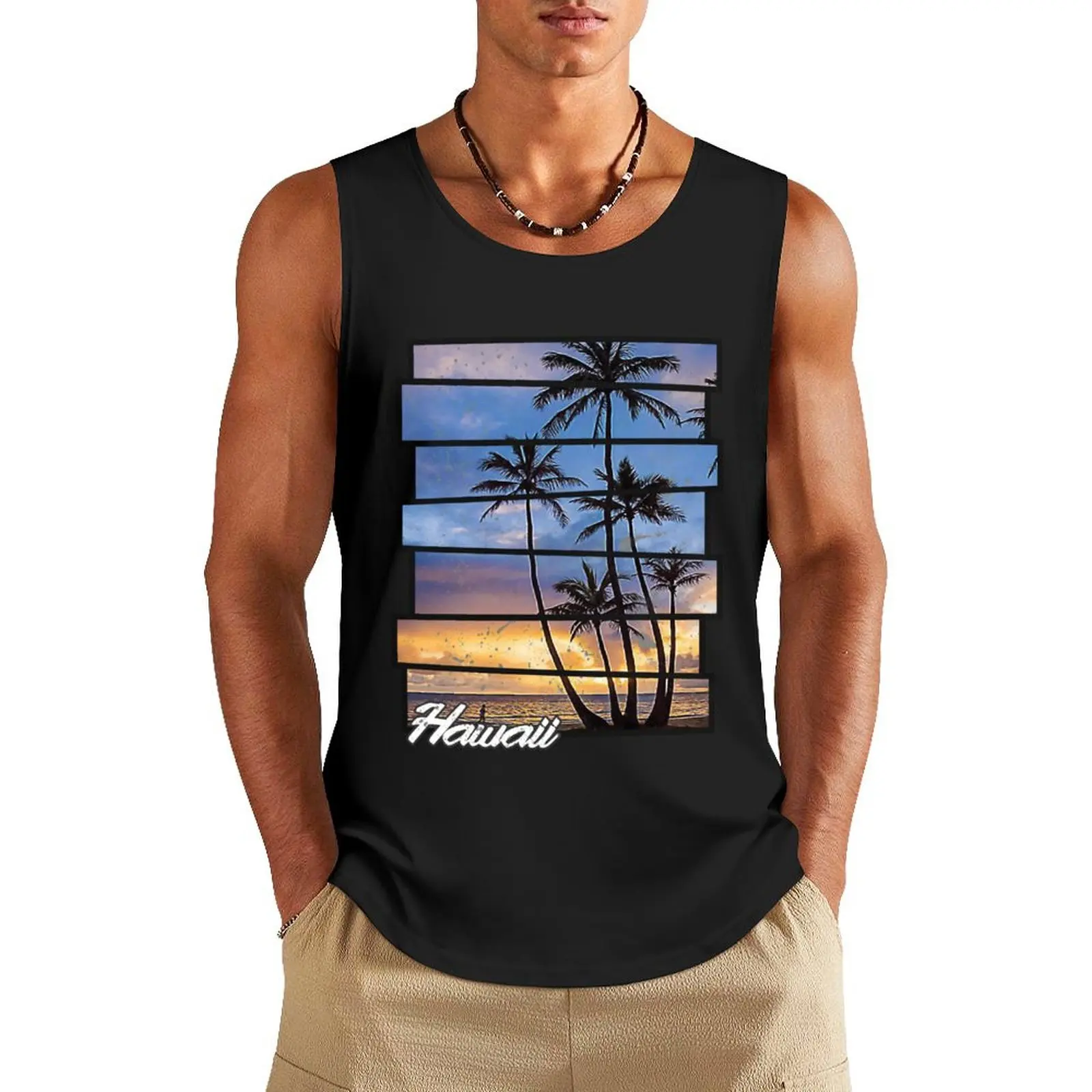 

Hawaii Beach Hawaiian Sunset Retro Photo Island Paradise Tank Top t shirts Men sleeveless tee Body man
