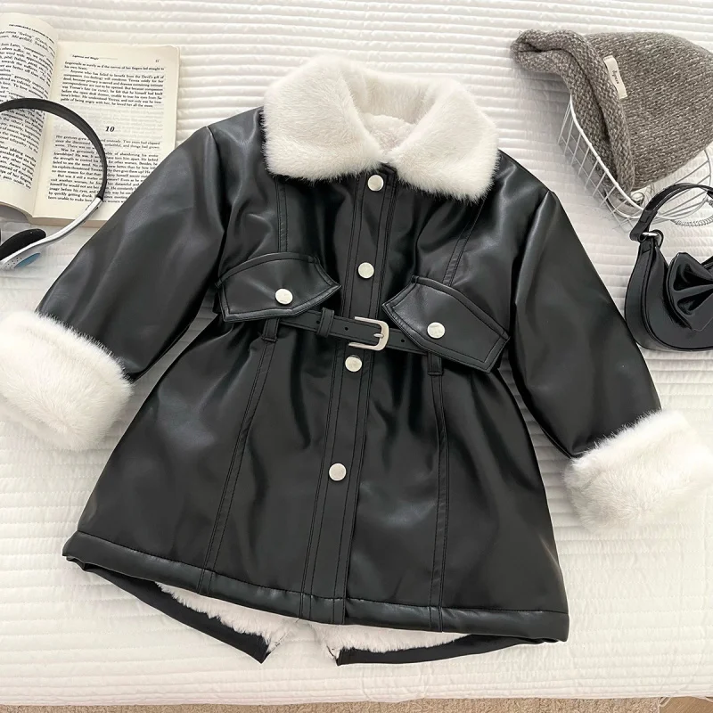 

2025Girls Winter Fleece-Lined Fur Collar Leather Jacket Baby Girl Winter Fashionable Thickened Warm Long Dress
