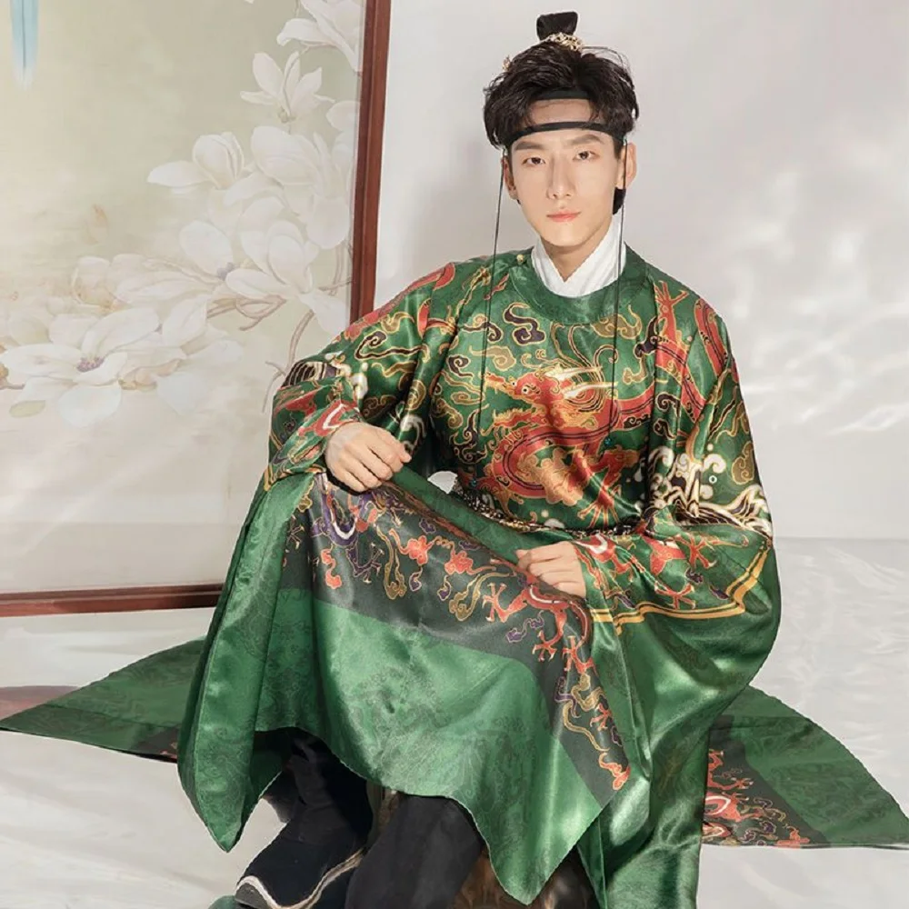 

Green male Hanfu traditional Chinese style high quality weaving gold Ming Dynasty round neck robe horse skirt summer daily cloth