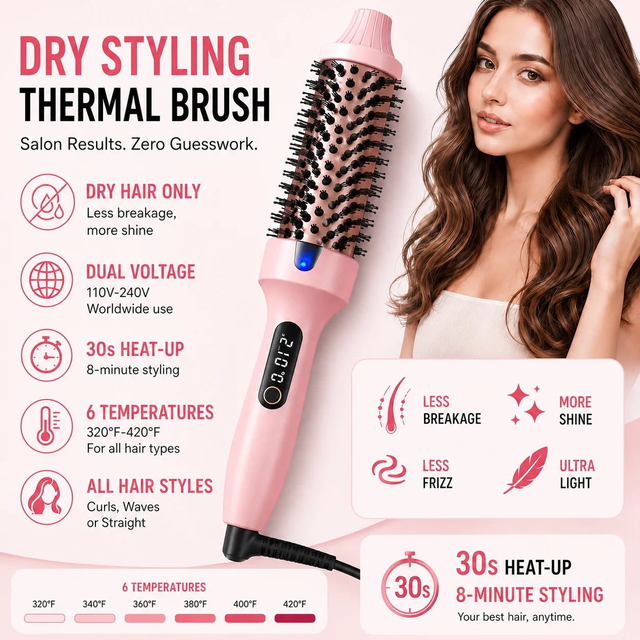 Brosse thermique ionique double tension pour friser et redresser, 6 réglages de température et affichage numérique LED, styler à Air chaud 1