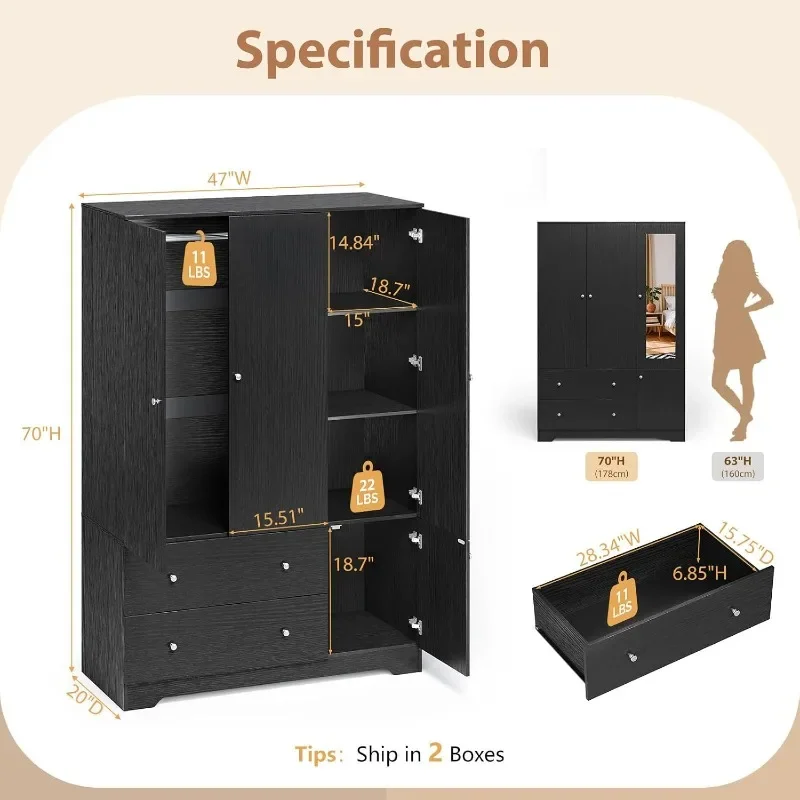 VINGLI Armoire Wardrobe Closet with Doors and Mirror Wardrobe Cabinet Wooden with Hanging Rod & Shelves Inside Bedroom Armoires