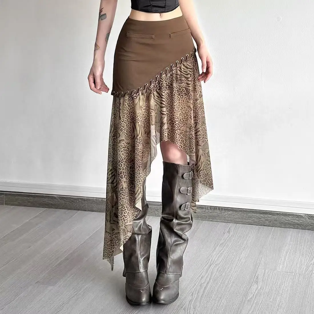 

Американские ретро коричневые леопардовые женские юбки-миди для пляжной вечеринки, кружевные двухслойные сетчатые винтажные эстетические элегантные модные летние новинки