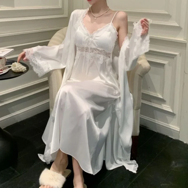 Spring New Nightgown Women Bride Wedding Dress Sweet Lace Patchwork Robe Set Nightdress Elegant Lingerie Summer Long Kimono Gown