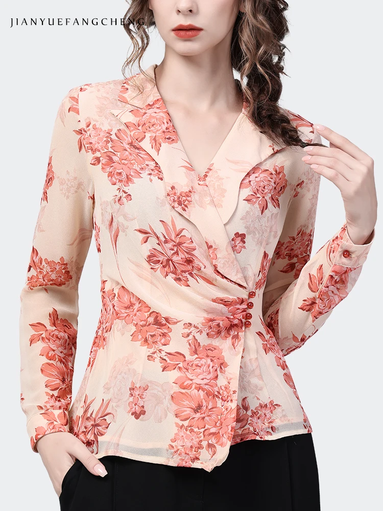 Fashion Suit Collar Floral Print Chiffon Blouse Women Long Sleeve Pink Button Shirt Spring Autumn Tops Elegant Vintage Clothing