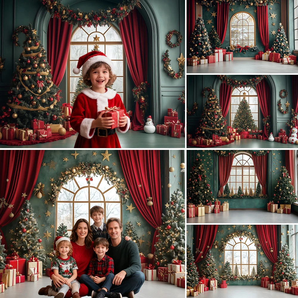 

Christmas Indoor Photography Background Winter Window Xmas Tree Gift Pile Kids Family Portrait Backdrop Photo Studio Props
