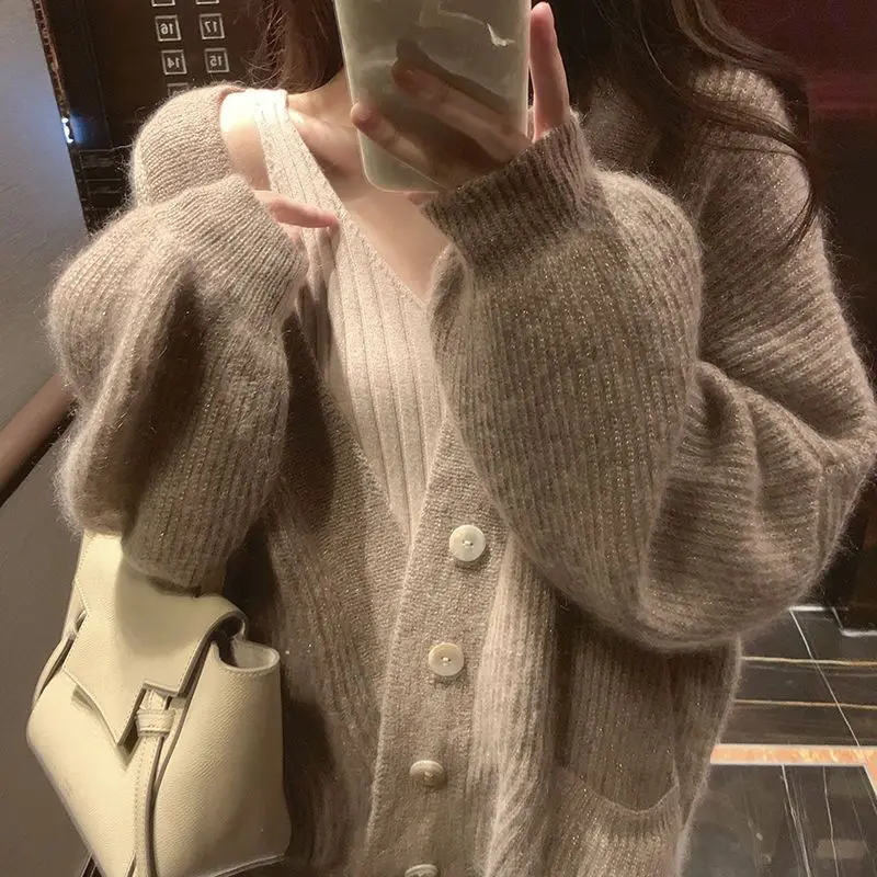 Women Autumn Korean Simplicity Loose Pocket Solid Color V-neck Long Sleeve Knitwear Ladies All-match Knitting Cardigan Coat