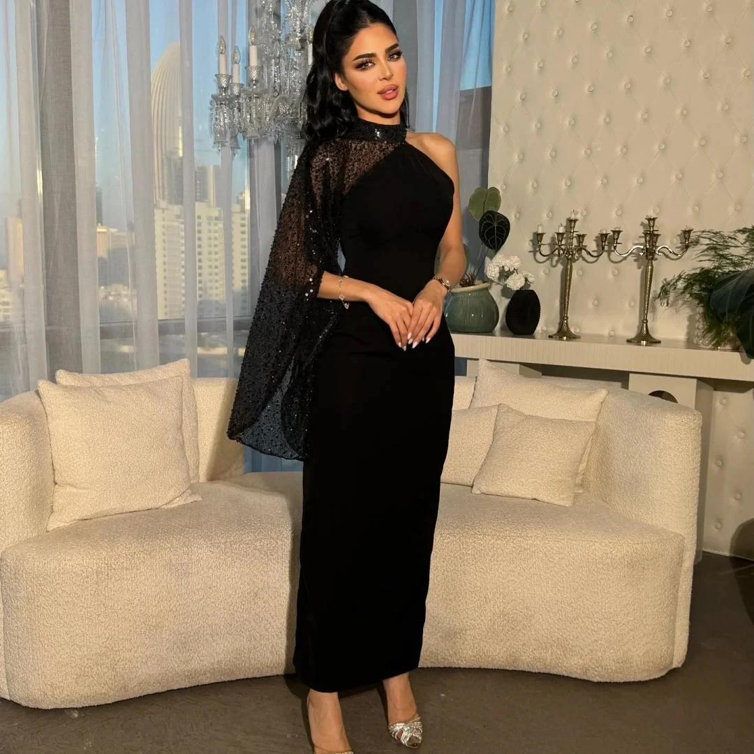 

Black Sequins Formal Long Bespoke Occasion Gown Evening Dresses Pastrol Unisex Jersey Retro Dubai Saudi Arabic Prom Customized