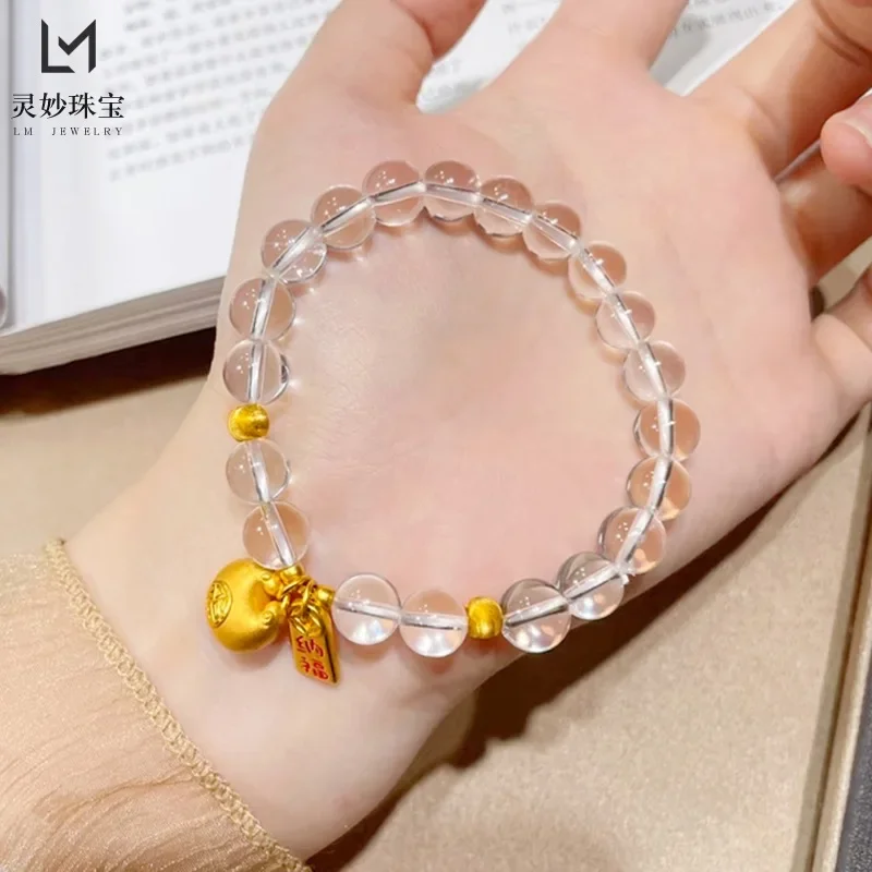 NovaGlod The same 24K real gold enamel fat white crystal bracelet cat's eye gold transfer beads 9999 retro gift for girlfriend