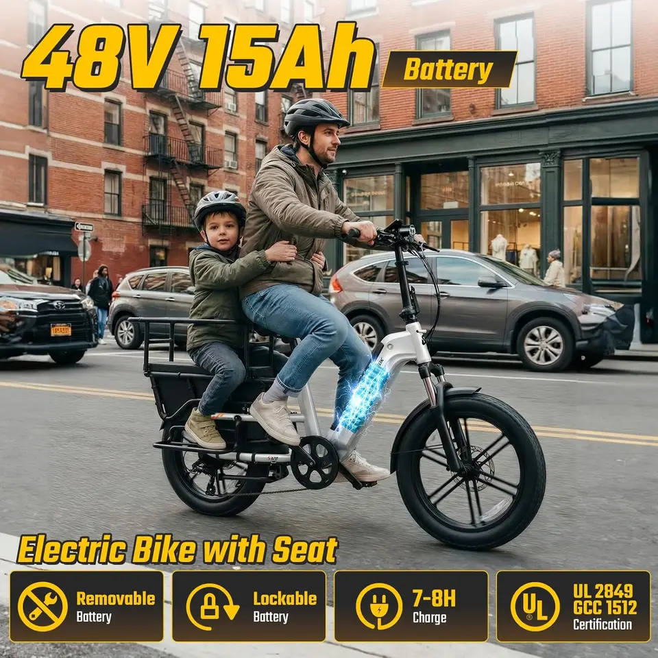 Sizzlebk Family Electric Bike Aluminum Frame, Peak 1500W Motor, 20" x 3.0" Fat Tire Ebike, 48V 15Ah Removable Battery, R image 3