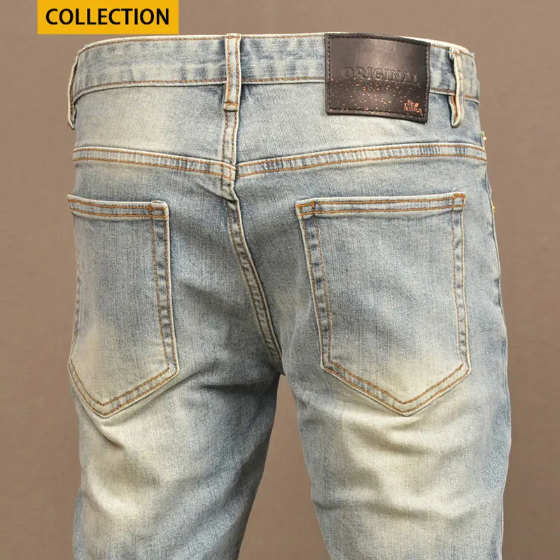 Calças de lápis retrô jeans stretch lavadas masculinas, jeans skinny, designer vintage rasgado pintado, hip hop, moda de rua