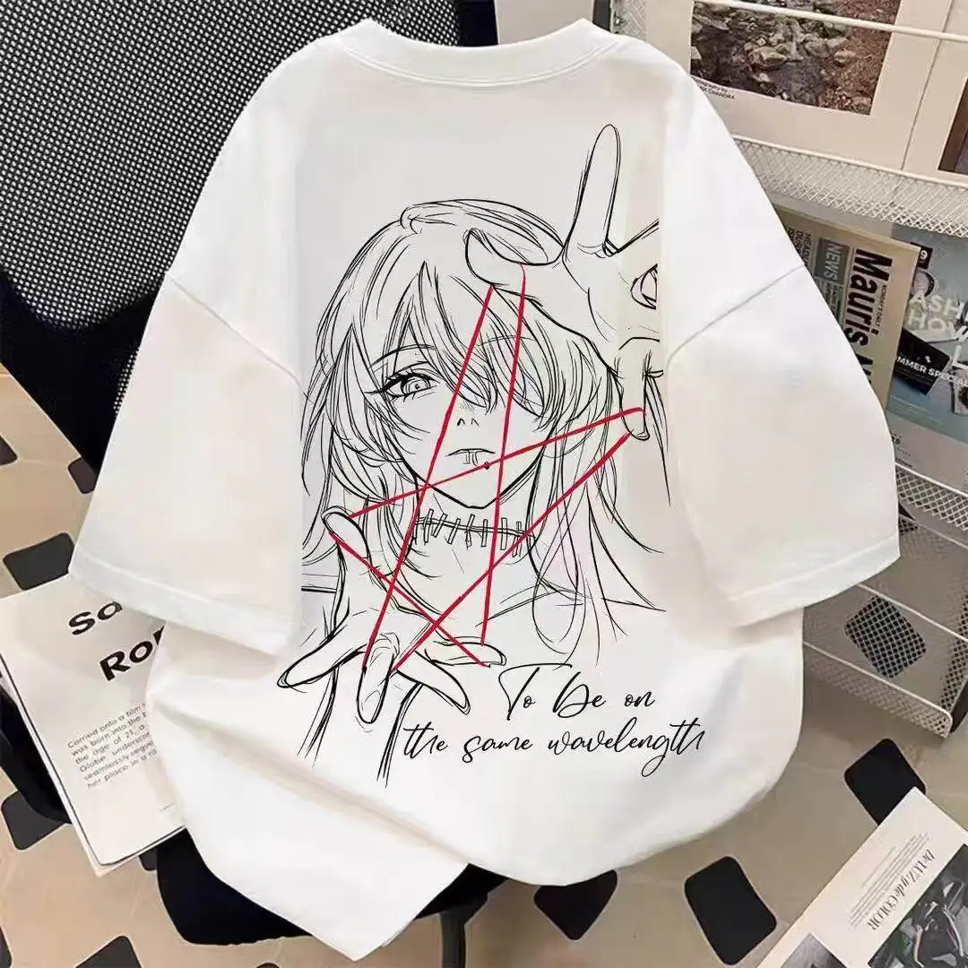 Camiseta holgada de manga corta con estampado de chica cómica de estilo americano de marca de renombre, estilo hipster, talla grande