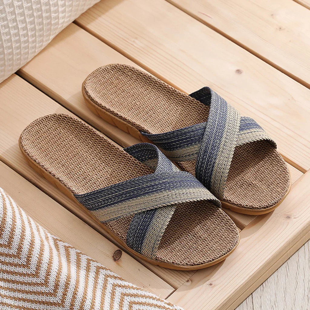 Men Shoes Slippers Linen Home Indoor Open Toe Flat Shoe Beach Slippers Striped Spliced Rubber Sandals Zapatillas Hombre