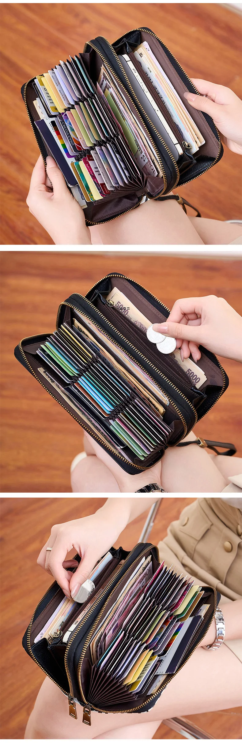 MIYIN Retro RFID-Diebstahlschutz Dreifach-Geldbörse Leopardenmuster Große Kapazität Doppelreißverschluss Handtasche Damen-Clutch mit Handgelenkschlaufe – Detail 8