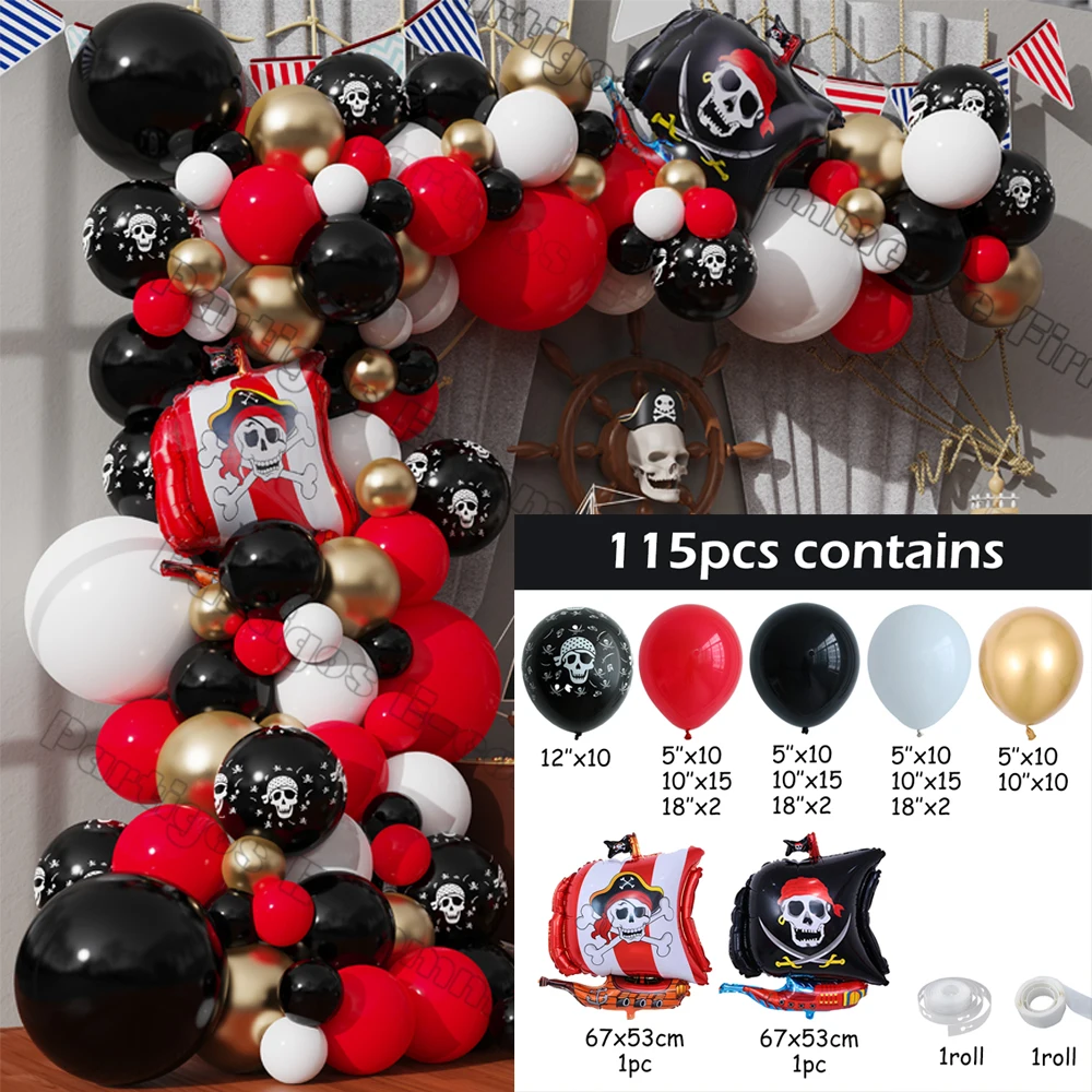 115Pcs Pirate Theme Balloon Garland Pirate Balloon Skull Latex Helium Balls Halloween Decorations Boys Birthday Party Supplies