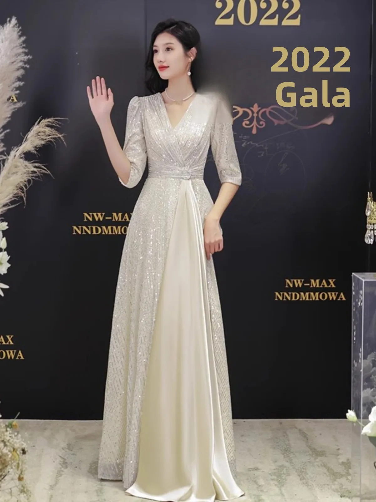 

Ele Sequin Evening Gown for Women Sexy Mid-Waist A-Line Skirt Princ Sve Deep V-Ne Zipper Closure Par Dr