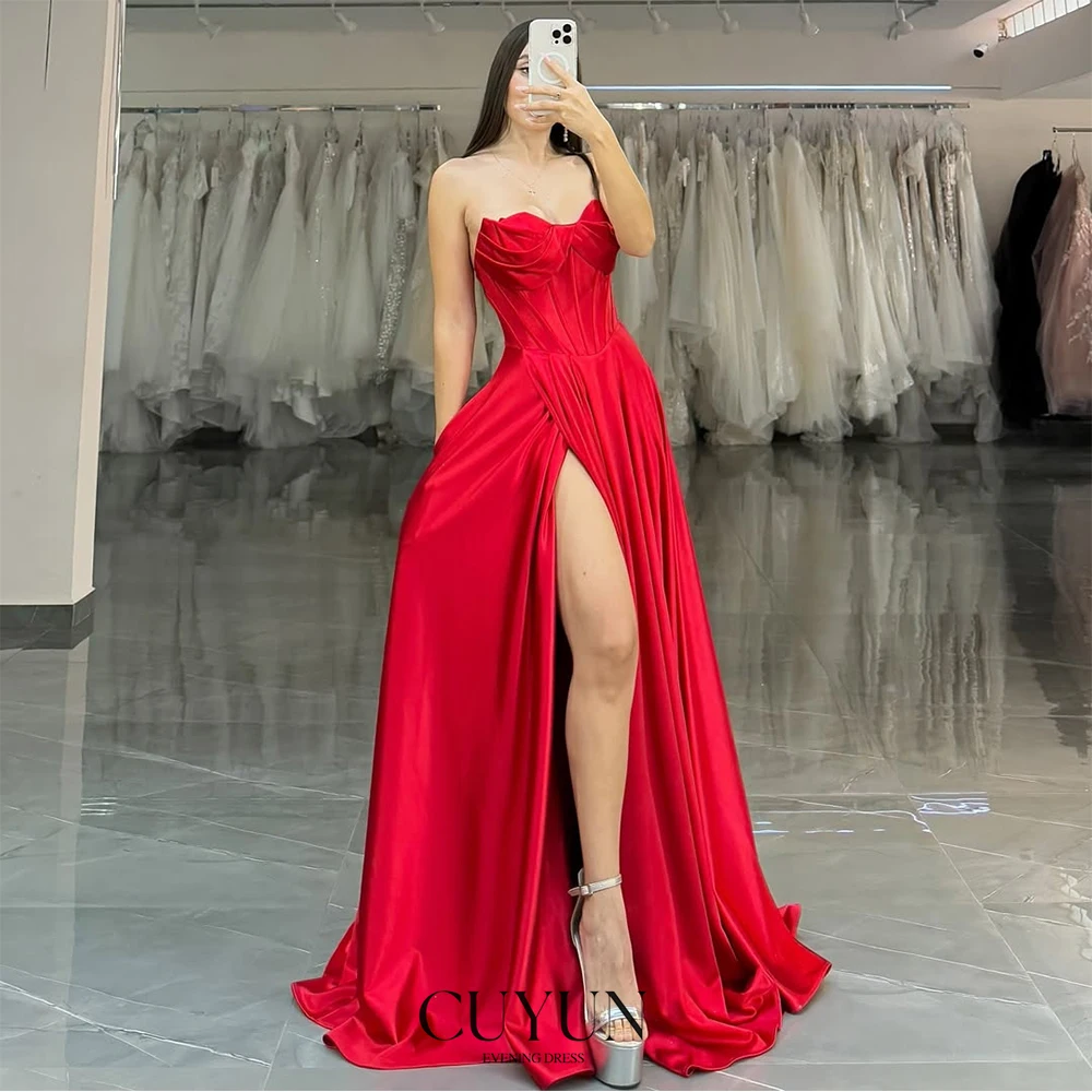 

CUYUN Red Evening Dresses Women Strapless High Slit Sexy Long Prom Gown Corset Back Customized Party Gown for Special Occasion